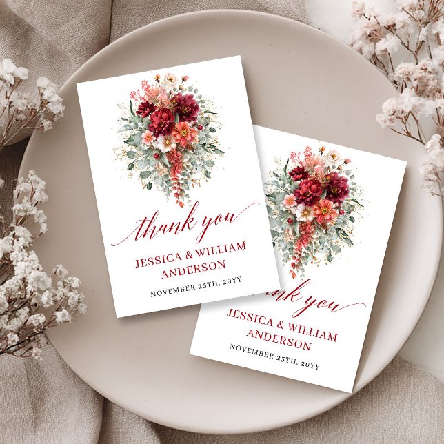 Cartão de Agradecimento Floral Outono Marrom Rústi (Rustic Maroon Autumn Floral Thank You Card

)