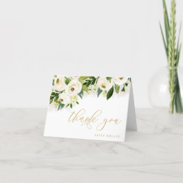 Cartão De Agradecimento Floral Personalizado Aquarela Branco e Dourado
