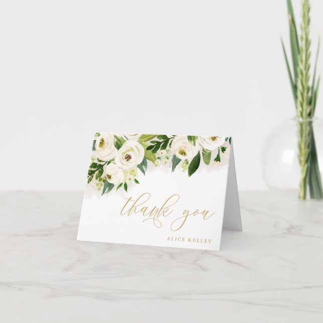 Cartão De Agradecimento Floral Personalizado Aquarela Branco e Dourado (Frente)