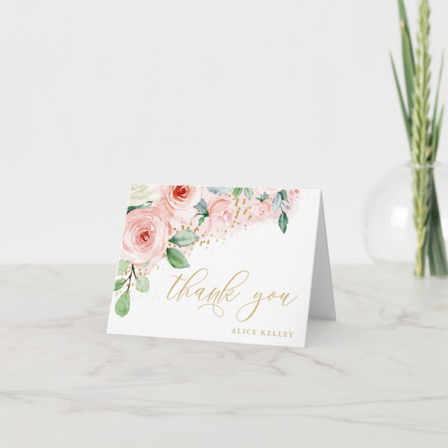 Cartão De Agradecimento Floral Personalizado Aquarela Rosa e Dourado (Frente)