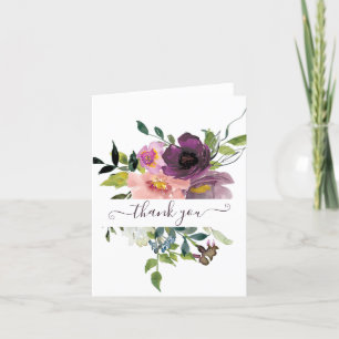 Cartão De Agradecimento Floral personalizado com aguarela rosa e roxo th