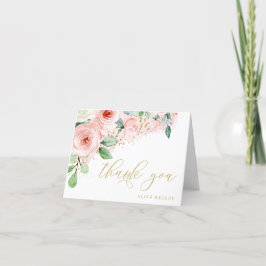 Cartão De Agradecimento Floral Personalizado com Aquarela Rosa e Dourado