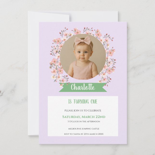 Cartão De Agradecimento Floral Photo Birthday Invitation for Girl (Frente)