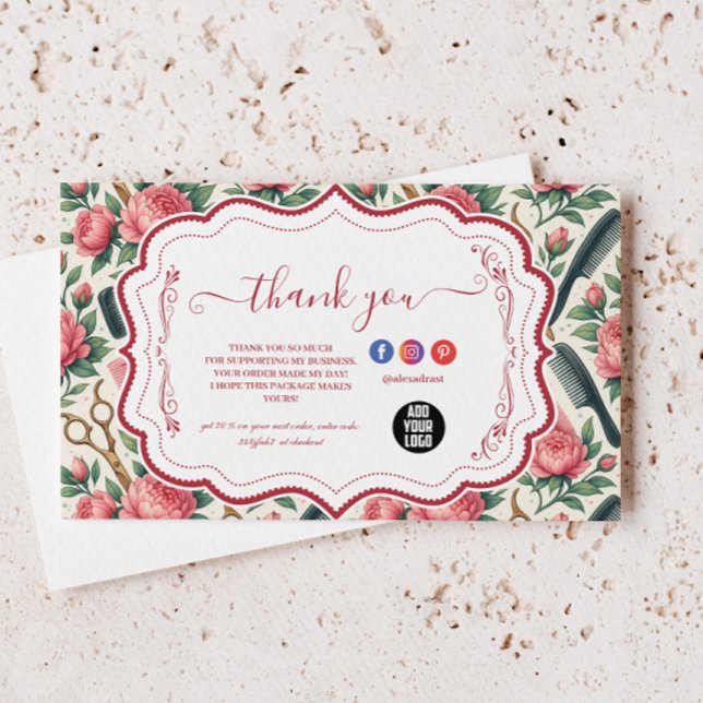 Cartão De Agradecimento Floral Pink Green Hair Stylist Business (Criador carregado)