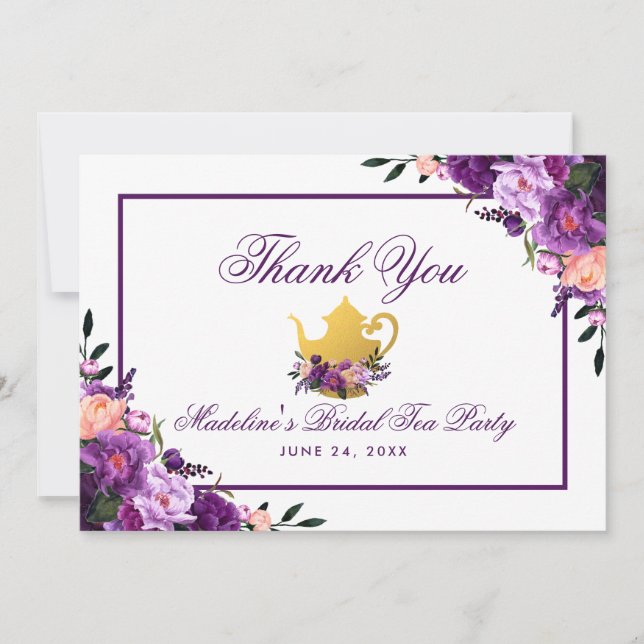 Cartão De Agradecimento Floral Purple Dourada Bridal Tea Party Obrigado P (Frente)