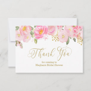 Cartão De Agradecimento Floral Rosa e Dourado Caligrafia Dourada