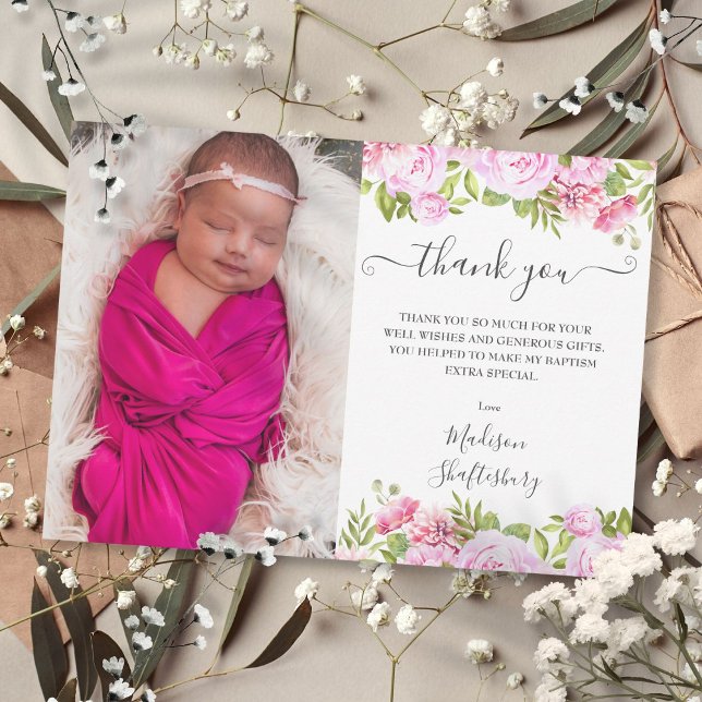Cartão De Agradecimento Floral Rosa Rosa Rosa Rosa Rosa Rosa Básica Natal (Baptism Christening Photo Pink Rose Floral Thank You Card)