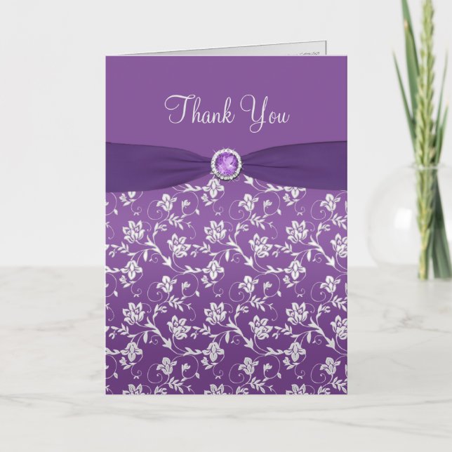 Cartão de Agradecimento Floral Roxo e Prata (Frente)