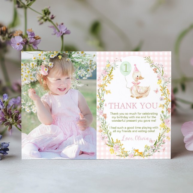 Cartão De Agradecimento Floral Silly Goose Cute Pink Girl Birthday Photo (Criador carregado)