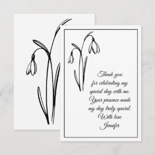 Cartão De Agradecimento Floral Snowdrop Preto e Branco de Aniversário