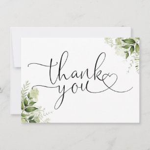 Cartão De Agradecimento Floral Verde Elegante Coração Script