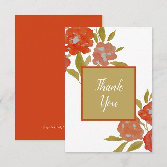 Cartão de Agradecimento Floral Vermelho Laranja Bo (Frente/Verso)