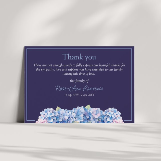 Cartão De Agradecimento Floral watercolor blue hydrangea funeral (Criador carregado)