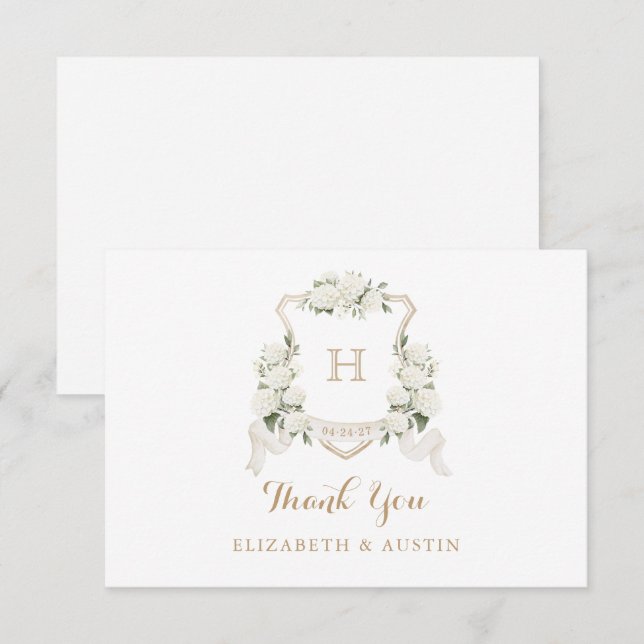 Cartão De Agradecimento Floral White Hydrangea Crest Casamento Monograma (Frente/Verso)