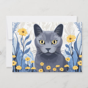 Cartão De Agradecimento Flores Amarelas do Gato Azul Russo