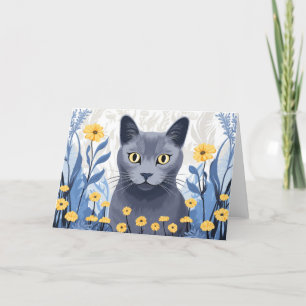Cartão De Agradecimento Flores Amarelas do Gato Azul Russo