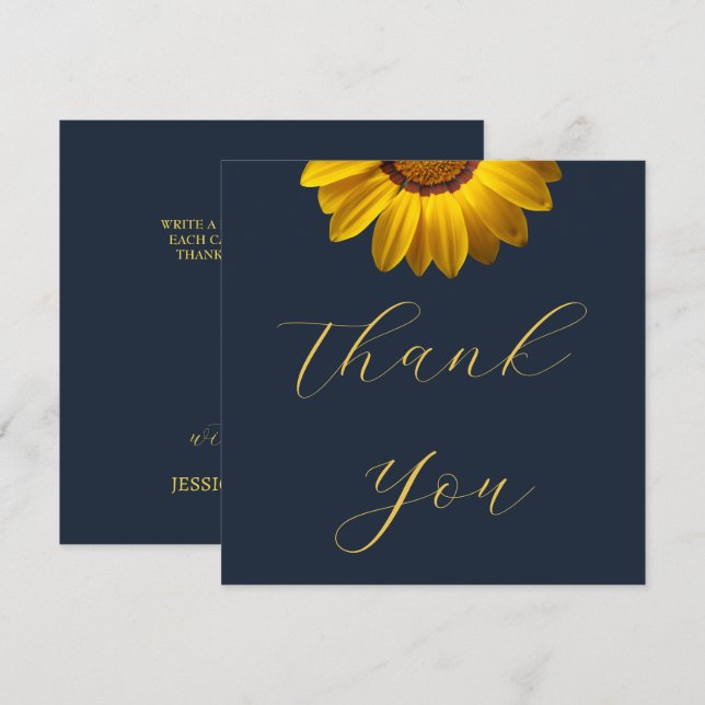 Cartão De Agradecimento Flores Amarelas em Monograma de fundo Azul Marinho (Frente/Verso)