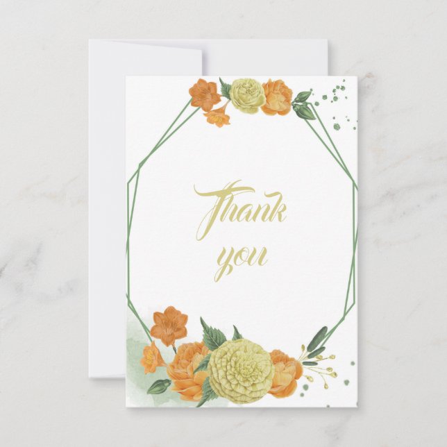 Cartão De Agradecimento flores amarelas laranja verdes folhas geométricas (Frente)