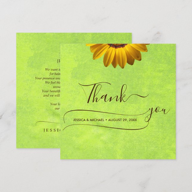Cartão De Agradecimento Flores Amarelas no Casamento Verde Abstrato (Frente/Verso)