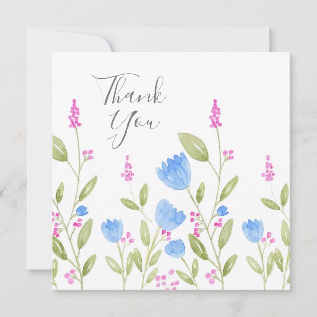 Cartão De Agradecimento "Flores Azuis e Berries Rosa" (Frente)