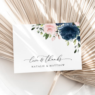 Cartão De Agradecimento Flores Azuis Marinho, Flores Rosadas, Casamento Fl