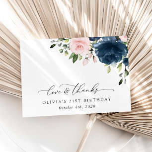 Cartão De Agradecimento Flores Azuis marinhos, Flores Rosa, Boho, Aniversá