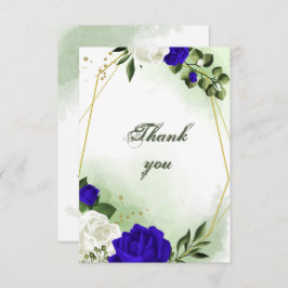 Cartão De Agradecimento flores azuis reais e brancas verde-ouro geométrico