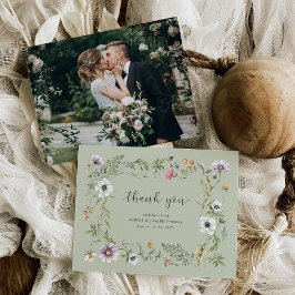 Cartão De Agradecimento Flores Botânicas | Foto de Casamento Verde Suave