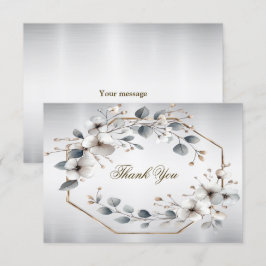Cartão De Agradecimento Flores brancas de aquarela Ouro Frame Silver Teal