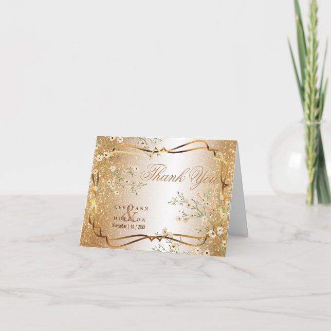 Cartão De Agradecimento Flores Brancas e Dourada Brilhante - Obrigado (Frente)