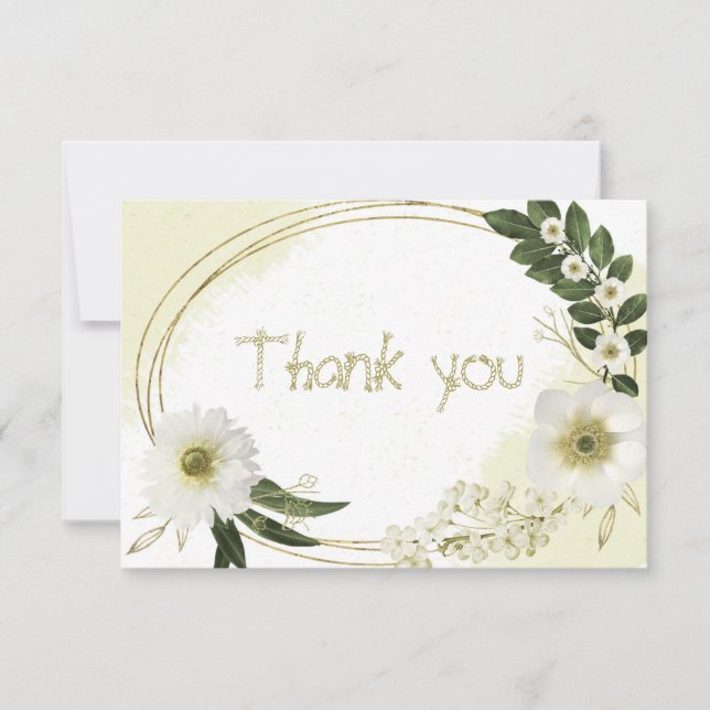 Cartão De Agradecimento flores brancas e douradas folhas verdes botânicas (Frente)