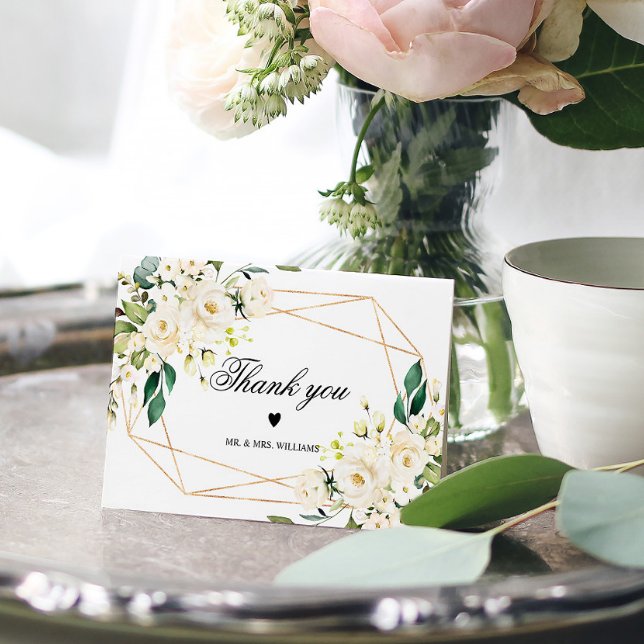 Cartão De Agradecimento Flores brancas e quadro Dourado (Criador carregado)