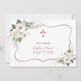 Cartão De Agradecimento Flores Brancas Elegantes, Batismo com Frame Dourad