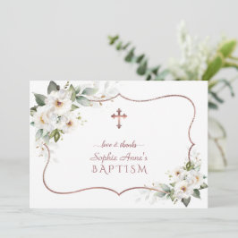 Cartão De Agradecimento Flores Brancas Elegantes, Batismo com Frame Dourad