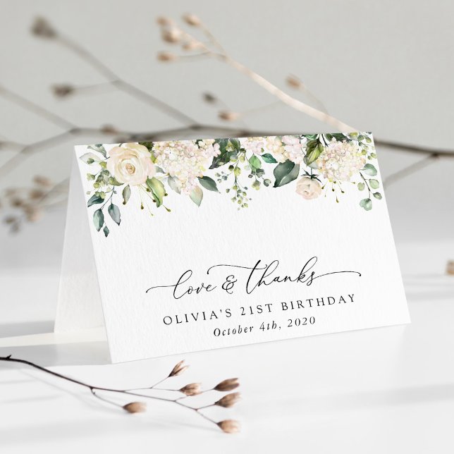 Cartão De Agradecimento Flores Brancas, Flores de Creme, Boho, Aniversário (Criador carregado)