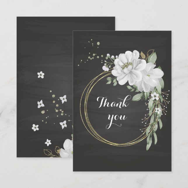 Cartão De Agradecimento flores brancas, verde e dourado (Frente/Verso)