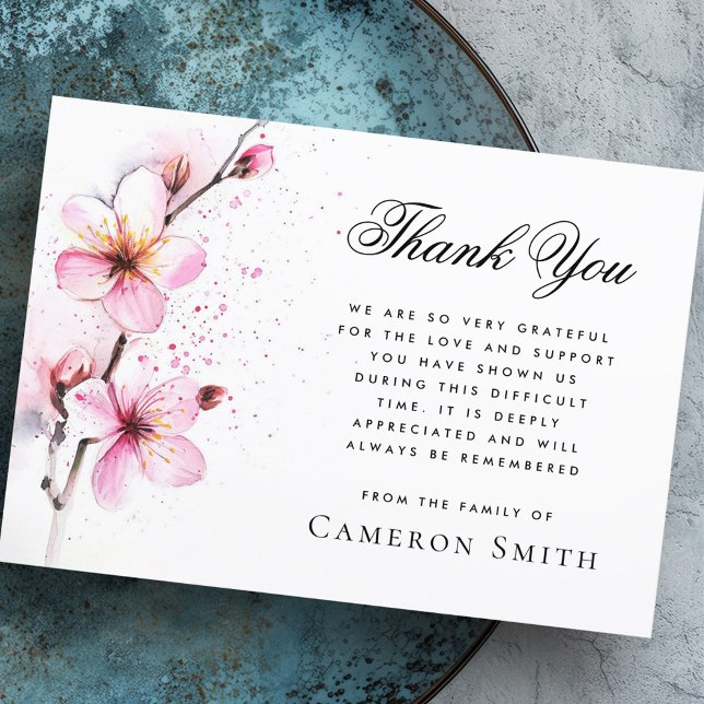 Cartão De Agradecimento Flores cor-de-água rosa compaixão funerária (Pink watercolor flowers funeral sympathy thank you card)