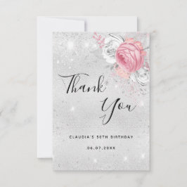 Cartão De Agradecimento Flores cor-de-rosa com relva de aniversário