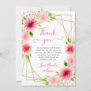 Cartão De Agradecimento Flores Cor-de-Rosa em Aquarela com Moldura Dourada