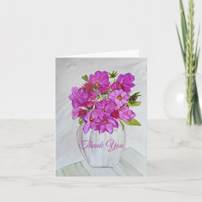 Cartão De Agradecimento Flores Cor-de-Rosa em Vaso (Frente)