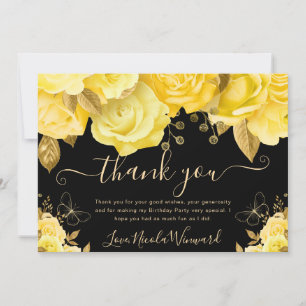 Cartão De Agradecimento Flores de Aniversário em Aquarela Amarela e Dourad
