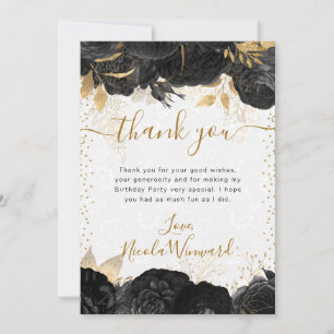 Cartão De Agradecimento Flores de Aniversário em Aquarela Preto e Dourado
