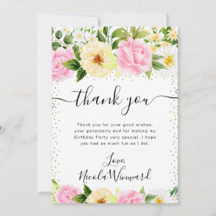 Cartão De Agradecimento Flores de Aniversário Rosa e Amarelo Aquarela