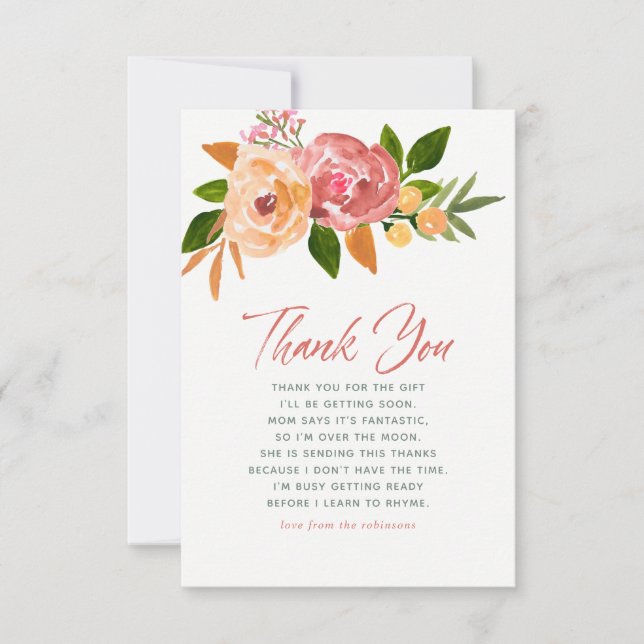 Cartão De Agradecimento Flores de aquarela Primavera Chá de fraldas Obriga (Frente)