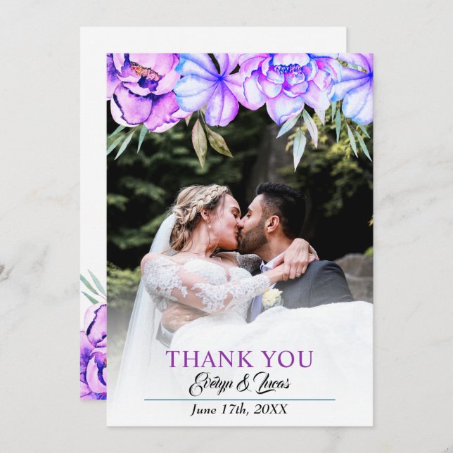 Cartão De Agradecimento Flores de aquarela púrpura casamento outono floral (Frente/Verso)