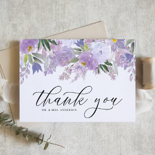 Cartão De Agradecimento Flores de Aquarela Roxo Sujo para Casamento em Gri