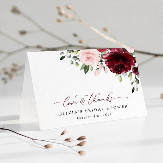 Cartão De Agradecimento Flores de Borgonha, Flores Rosa, Chá de panela (Criador carregado)