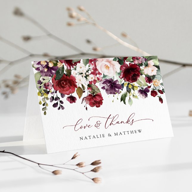 Cartão De Agradecimento Flores de Borgonha, Flores Rosa, Verde, Casamento (Criador carregado)
