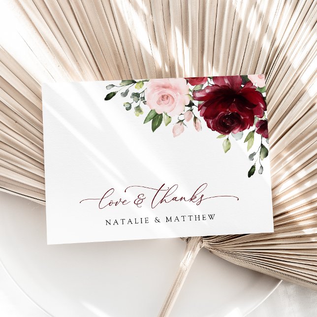 Cartão De Agradecimento Flores de Borgonha, Flores Rosa, Verde, Casamento (Criador carregado)
