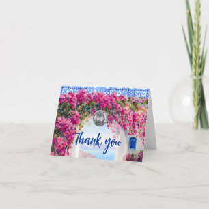 Cartão De Agradecimento Flores de Bougainvillea Rosa Aquarela Azulejo Azul